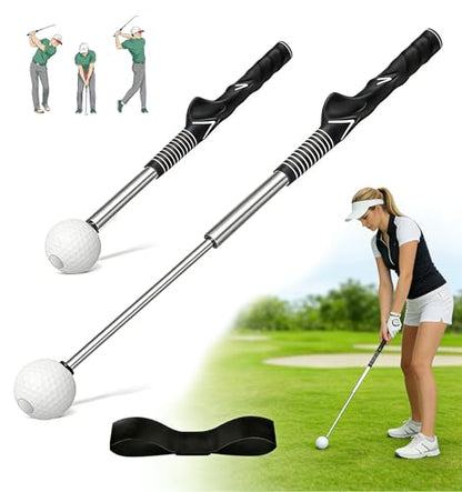 Retractable Golf Swing Trainer, Training Aid with Grip Trainer, Swing Mechanics for Beginners & Tempo Training for Advanced, Click Feedback, Arm Connection, Right/Left-Handed, Indoor/Outdoor
