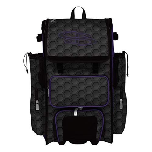 Boombah Rolling Superpack 2.0 3DHC Baseball/Softball Gear Bag - 23-1/2" x 13-1/2" x 9-1/2" - Multiple Colors - Telescopic Handle and Holds 4 Bats - Wheeled Version - color: Black/Purple