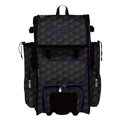 Boombah Rolling Superpack 2.0 3DHC Baseball/Softball Gear Bag - 23-1/2" x 13-1/2" x 9-1/2" - Multiple Colors - Telescopic Handle and Holds 4 Bats - Wheeled Version - color: Black/Purple