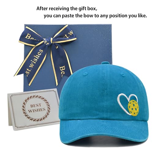 Pickleball Hat with Gift Box, Pickleball Gifts for Women Men, Adjustable Embroidered Heart Baseball Cap - color: Blue