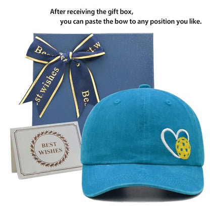 Pickleball Hat with Gift Box, Pickleball Gifts for Women Men, Adjustable Embroidered Heart Baseball Cap - color: Blue