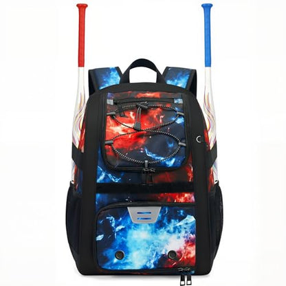Youth Baseball Bag - Softball Bag for Girls & Boys with Shoes Compartment, Bat Backpack for Baseball, T-Ball & Softball Equipment - color: Lighting-Red Blue