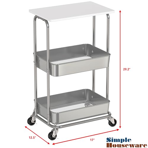 Simple Houseware 2-Tier Rolling Utility Cart with Lockable Wheels and Wood Top, Metal Storage Organizer Trolley for Kitchen, Bathroom, Office, Craft Room, White