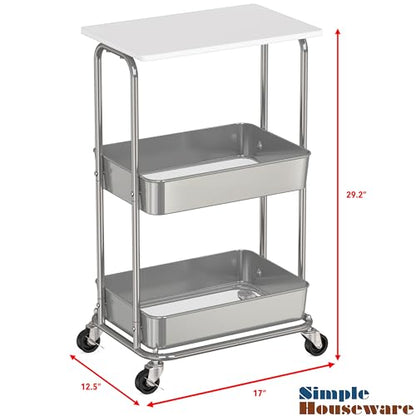 Simple Houseware 2-Tier Rolling Utility Cart with Lockable Wheels and Wood Top, Metal Storage Organizer Trolley for Kitchen, Bathroom, Office, Craft Room, White