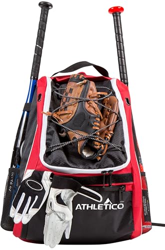 Athletico Baseball Bat Bag - Backpack for Baseball, T-Ball & Softball Equipment & Gear for Youth and Adults | Holds Bat, Helmet, Glove, & Shoes |Shoe Compartment & Fence Hook - color: Red