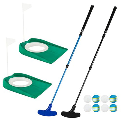 2 Pack Adjustable Golf Putter Set for Kids Teenagers Right or Left Handed Two-Way Mini Golf Club Putter Men and Women 4 Golf Training Balls 4 Practice Foam Balls 2 Flag Cup - color: Color Set 2
