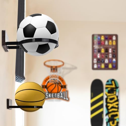 Basketball Holder Wall Mount, Black Walnut Ball Storage Wall Decorations for Basketball, Football, Soccer, Volleyball Collection, Stylish Basketball Rack Display for Home Decor