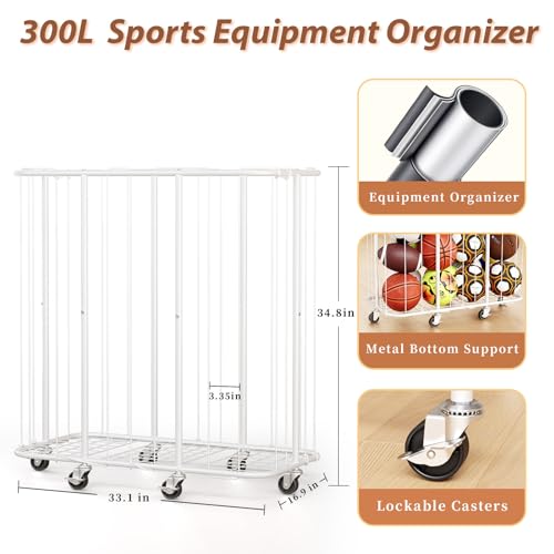 YKDIRECT 250L Rolling Ball Organizer with Locking Wheels - Large Sports Storage Basket for Basketball Soccer Football Volleyball, Steel Garage Equipment Cart with Elastic Rope for Household Storage - size: 250L