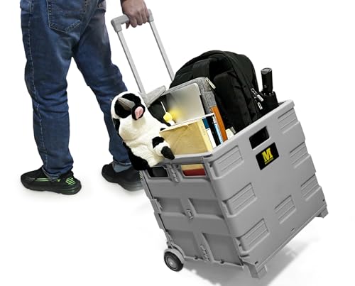MaxWorks 50704 Collapsible Gray Rolling Folding Dolly Grocery Cart - Multi-Functional Teacher Dolly with Extra Storage, Durable Wheels, and Easy-to-Fold Design for Classroom, Office, Shopping