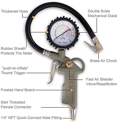 Tire Inflator with Pressure Gauge, 0-220PSI Dial Wheel Air Tire Pressure Gauge, Heavy Duty Rubber Hose with Quick Coupler, Air Compressor Tire Inflator Attachment for Cars Motorcycle Bike
