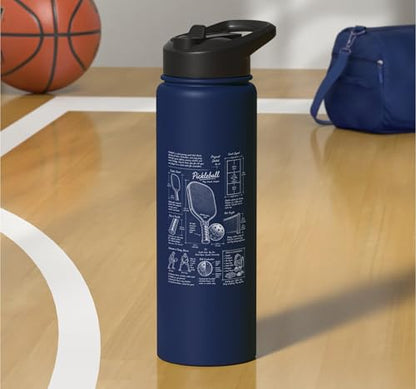 Pickleball Paddle Court Layout Net Height Chart Stainless Steel Insulated Water Bottle - color: Navy Blue
