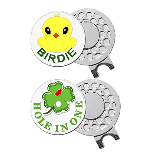 FINGER TEN Golf Ball Marker with Hat Clip or Marker Only, Metal Golf Ball Markers Assorted Designs for Putting Green, Portable Golf Accessories for Men Women - color: Birdie and Hole in One