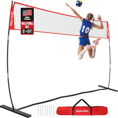 ZEALFEEL Volleyball Net, 12FT Training Set with 3-Level Adjustable Height (8'/7.4'/6.6'), Freestanding Portable Practice Net for Backyard, Serving & Spiking Drills, with Carry Bag for Outdoor & Indoor - style: 12FT Volleyball Net 3-Height Adjustable