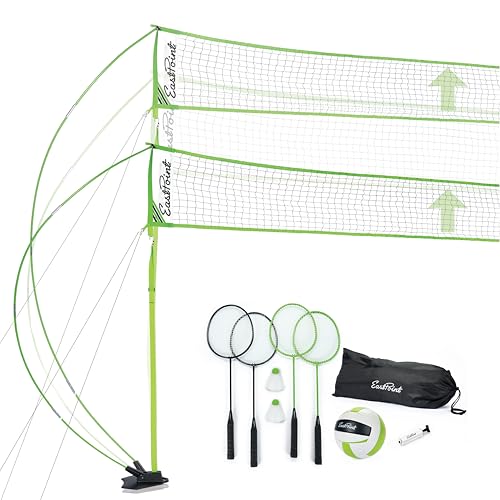 EastPoint Easy Setup Volleyball Badminton Set - Regulation, Light Green/Black - Portable Volleyball Net Design - 2-in-1 Net for Badminton & Yard Games - Includes Steel Rackets & Ball