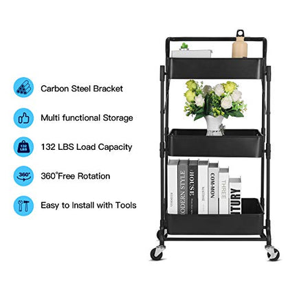 Foldable 3 Tier Metal Utility Rolling Cart, Folding Mobile Multi-Function Storage Trolley Organizer Cart for Home Library Office(Black) - color: Black
