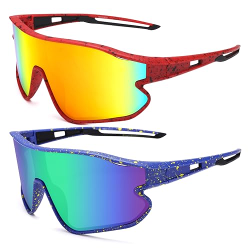 Kids Baseball Sunglasses - Youth Baseball Sunglasses for Boys Girls - Sports Softball Shades Age 6-14 - color: A3 Red / Orange Mirror + Blue / Green Mirror