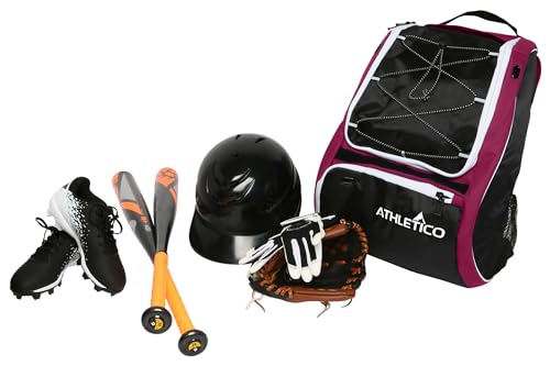 Athletico Baseball Bat Bag - Backpack for Baseball, T-Ball & Softball Equipment & Gear for Youth and Adults | Holds Bat, Helmet, Glove, & Shoes |Shoe Compartment & Fence Hook - color: Maroon