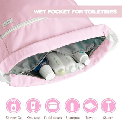 BAVELOE Drawstring Backpack with Wet Pocket & Shoe Compartment, Water-Resistant Sports Gym Swim String Bag for Women Men(Pink) - color: Pink