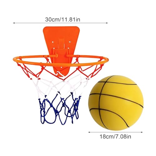 Silent Basketball Hoop and Ball, 18cm Wall Mounted Basketball Hoop Indoor, Noiseless Foam Elastic Sponge Ball WithHoop, SilentBall Professional Indoor BasketballFrame - color: Yellow