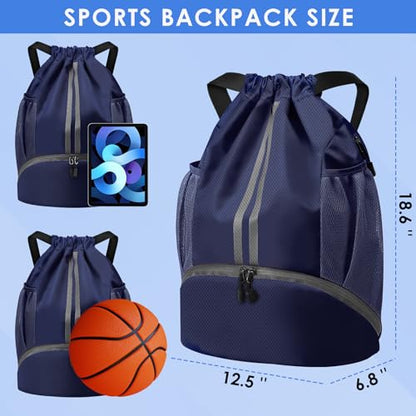 BROTOU Soccer Bags, Football Backpack, Volleyball Bag, Drawstring Backpack with Ball and Shoe Compartment, Football bags for Equipment Swim Gym Bag - color: Dark Blue