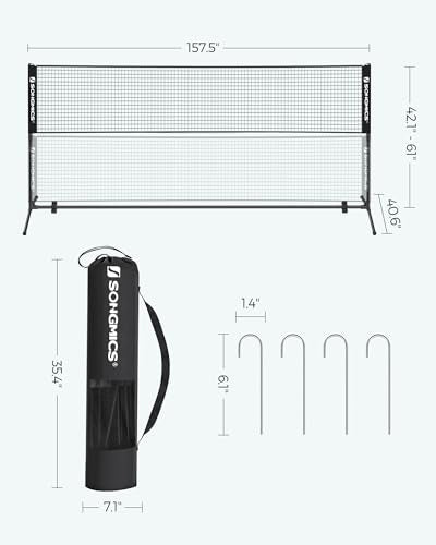 SONGMICS Badminton Net, Height Adjustable Volleyball Net, Pickleball Net for Junior Tennis, Kids, Indoor Outdoor Court, Foldable Nylon Net with Poles 10ft/13ft/16.5ft Wide