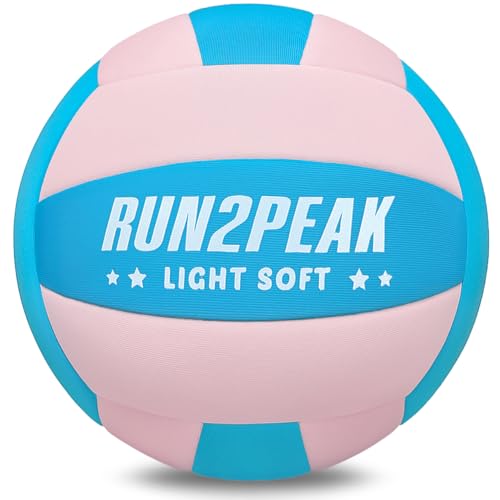 RUN2PEAK Super Soft Light Volleyball - Safe and Quiet Fabric Volleyball Ball for Indoor Play - Official Size 5 Kids Youth Beginners Lightweight Volleyballs Trainer for House Yard Training Practice - color: Sky Blue/Pastel Pink