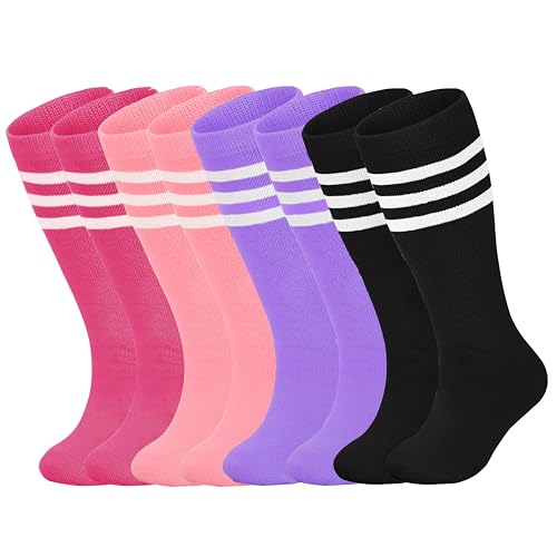 Sea Zaela 4 Pairs Kids Halloween Striped Knee-High Crew Length Socks, Unisex, Casual, 1-6 Years, Small, Red, 4 Count - color: Black+purple+pink+deep Pink, size: 6-10 Years