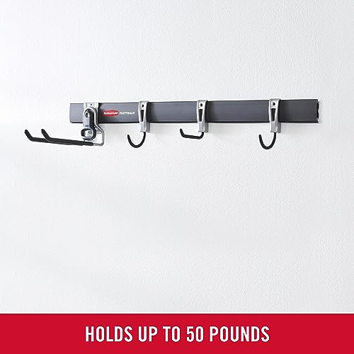 Rubbermaid FastTrack Garage Storage Utility Hooks 5 Piece Black All in One Rail Hook Kit and Tool Organizer Heavy Duty for Home/Garage/Shed/Garden - size: 1 Rail, 4 Hooks