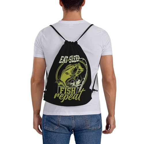 Eat Sleep Fish Repeat Unisex Drawstring Backpack Bag Sport Gym Travel Swim Sackpack - color: Eat Sleep Fish Repeat