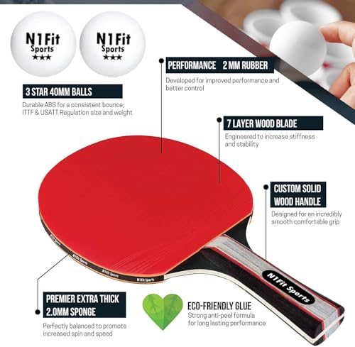 N1fit Ping Pong Paddles - Set of 4 High-Performance 5-Ply Rackets, 8 Professional 3-Star Table Tennis Balls, Portable Storage Case for Indoor-Outdoor Games