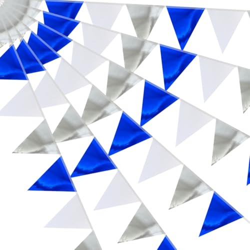 64ft Navy Blue Silver White Triangle Pennant Banner Flag Metallic Paper Bunting Garland for Hanging Backdrop Birthday Decorations Graduation Nautical Ahoy Achor Bridal Airplane Marine Party Supplies - color: Navy Blue Silver White