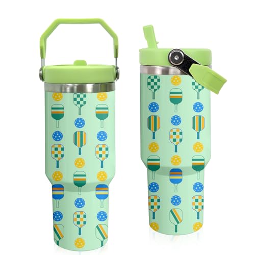 30 oz Tumbler with Handle Flip Straw Leak Proof - Pickleball Mug 30oz Tumbler Travel Coffee Mug with Handle - Birthday Gifts for Women Men Pickleball Lovers Players 30 Ounce Stainless Steel Cup - color: Pickleball Green