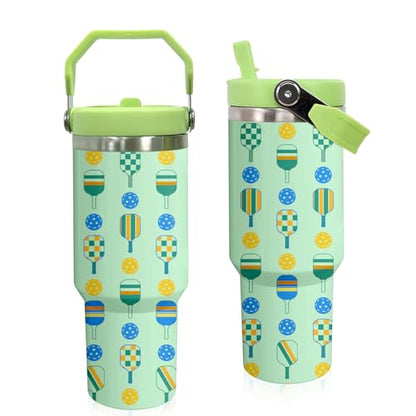 30 oz Tumbler with Handle Flip Straw Leak Proof - Pickleball Mug 30oz Tumbler Travel Coffee Mug with Handle - Birthday Gifts for Women Men Pickleball Lovers Players 30 Ounce Stainless Steel Cup - color: Pickleball Green