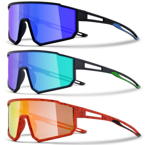 3PACK Kids Sunglasses for 6-14 Boys Girls, Youth Baseball and Cycling UV400 Protection Goggles - color: 3pcs-black Blue+black Green+red Yellow-k02