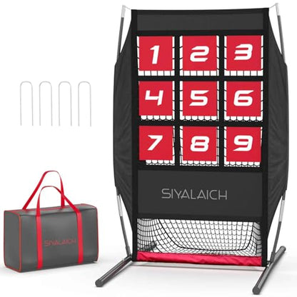 Ultimate Portable Pitching Target Net for Baseball, Softball & Football | Pro-Tested Practice System with Numbered Strike Zone | Includes Carry Bag & Enables Quick Assembly - color: Black/Red