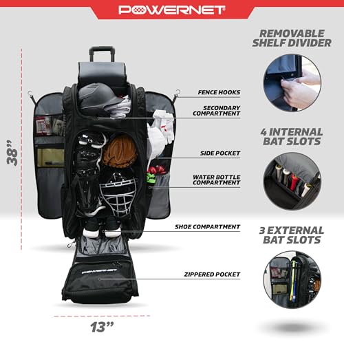 PowerNet Optimus Catcher's Bag, Rolling Equipment Bag Holds All Baseball & Softball Gear, 7 Internal Bat Sleeves, Cleat Compartment, Personalization Panel & Hooks - style: Optimus Catcher's Gear Bag