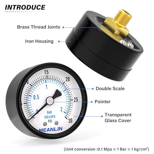 0-30Psi 2" DIAL FACE 1/8" NPT Well Pump Pressure Gauge, with 1/4" NPT and 3/8" NPT Hex Bushing, 3-2-3% Accuracy, Center Back Mount - size: 0-30Psi, style: 1/8"NPT Back Mount