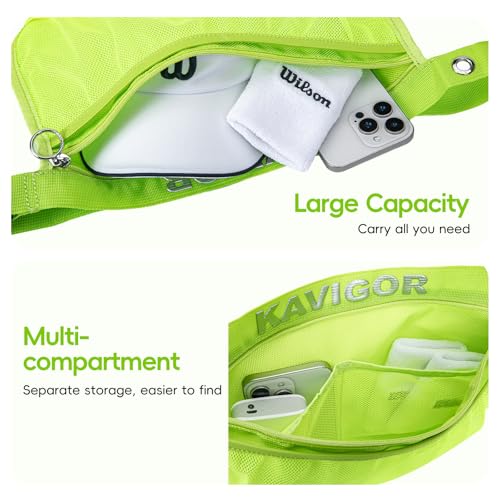 KAVIGOR Tennis & Pickleball Ball Holder Waist Pouch Holds 8-10 Balls, Multi-Functional Sports Belt Bag with Zipper Pocket and Carabiner - color: Green