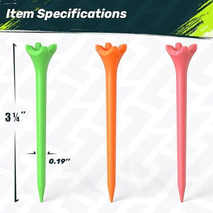SAPLIZE Upgraded 4-Prong Golf Tees Plastic, 50/100/120/200 Pack (1-1/2", 2-3/4'', 3-1/4"), Engineered to Reduce Friction & Side Spin, Unique Golf Gifts for Golfers - color: Mixed (100pcs, 3-1/4")