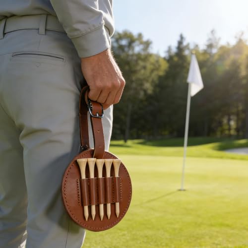 VOVCIG Golf Tee Holder with Wood Golf Tees, 2 Set Tee Holder, Leather Gift for Golfer Men & Women