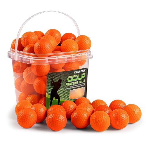 FINGER TEN Golf Practice Balls with Bucket Value 50 Pack, Soft Foam with Limited Flight for Safe Practice, Orange Yellow Pink Bright Colors for Indoor Outdoor Backyard Pool Use - color: Orange