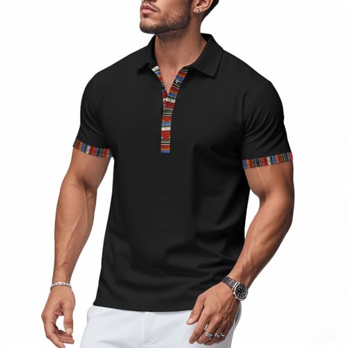 BIVENANT Men's Polo T-Shirt V Neck Short Sleeve Color Block Print Shirts Summer Casual Loose Collared Golf Pullover Tops - color: Black, size: Large