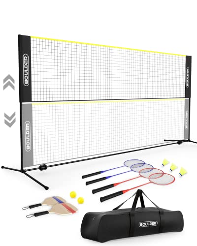 Boulder Sports All-in-One Pickleball & Badminton Set - Portable, Adjustable Net with Paddles & Rackets