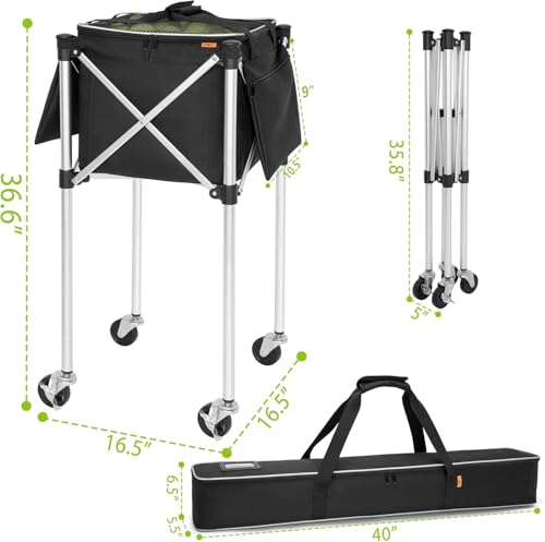 Foldable Tennis Ball Cart Holds 180 Balls Wheeled Tennis Ball Hopper Sports Teaching Carts with Storage Bag, Light Auminum Alloy