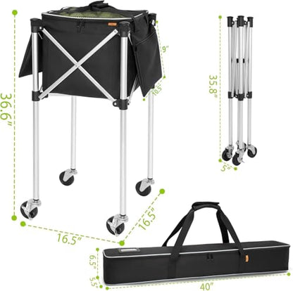 Foldable Tennis Ball Cart Holds 180 Balls Wheeled Tennis Ball Hopper Sports Teaching Carts with Storage Bag, Light Auminum Alloy