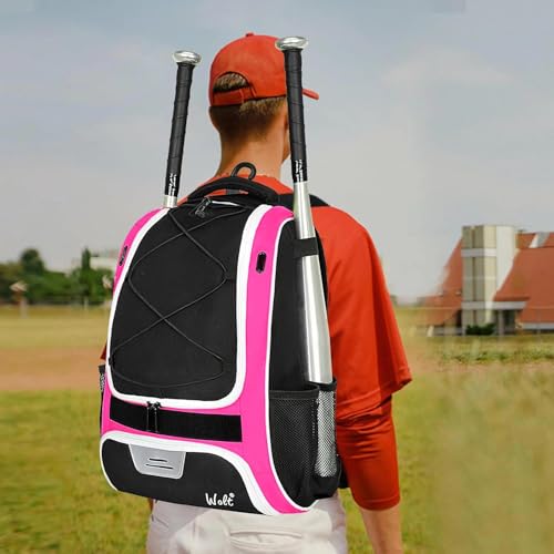 WOLT Youth Baseball Bag - Bat Backpack for Baseball, T-Ball & Softball Equipment & Gear, Bat & Glove Holder, Large Main Compartment for Helmet & accessories, Separate Shoes Compartment, Fence Hook - color: pink