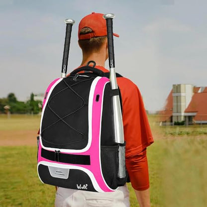 WOLT Youth Baseball Bag - Bat Backpack for Baseball, T-Ball & Softball Equipment & Gear, Bat & Glove Holder, Large Main Compartment for Helmet & accessories, Separate Shoes Compartment, Fence Hook - color: pink
