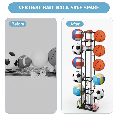 BTY Sports Equipment Organizer Ball Storage Rack Freestanding Basketball Holder Vertical Garage Ball Storage Display Stand for Volleyball Football Badminton Black