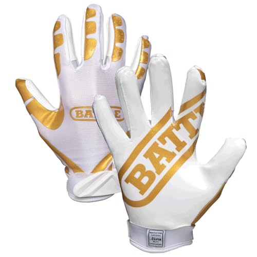Battle Sports Ultra-Stick Wide Receiver Football Gloves - Adult & Youth Football Gloves - color: Gold/White, size: Adult Medium