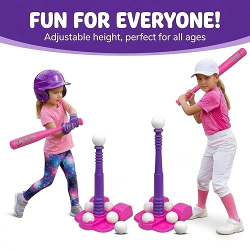 T Ball Stand for Kids and Toddlers 1-3, 3-5, 5-8. Baseball Set Includes 6 Large Balls, an Adjustable Tball Batting Tee, and a Pitching Machine. Kids Bat and T-Ball Set - style: PINK T BALL